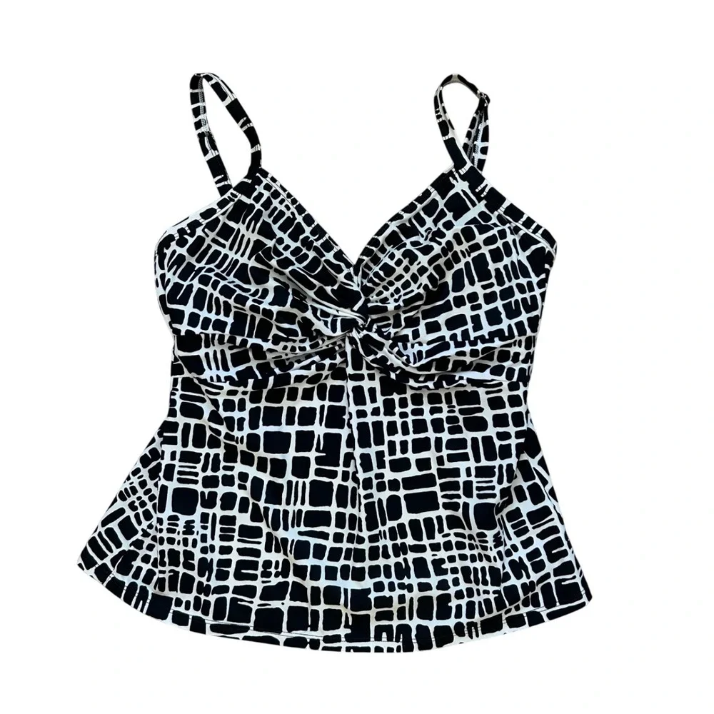 Miraclesuit Womens 12 Black White Geometric Grid‎ Tankini Swim Top tummy control